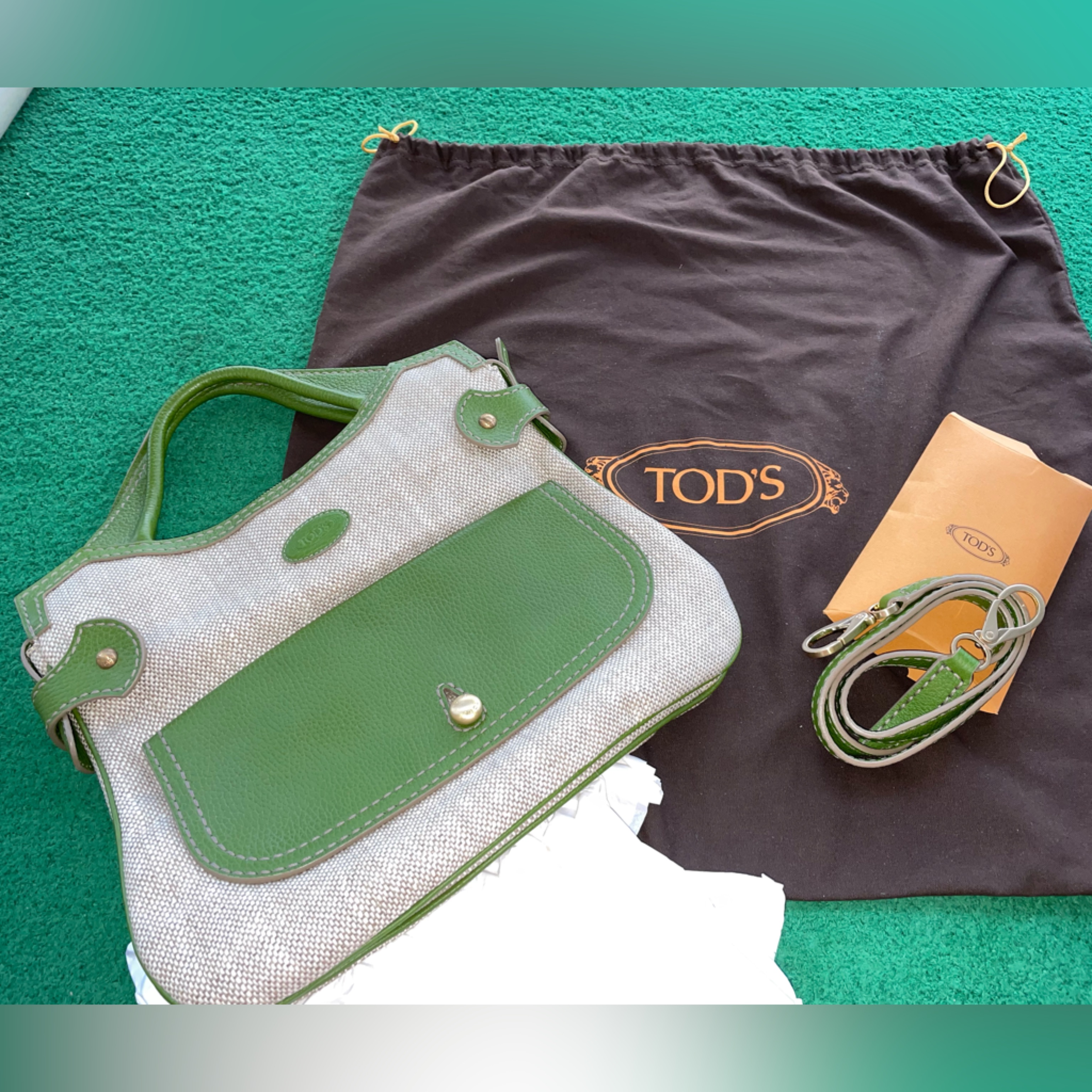 Tods Decoupage Bag Green Leather  Linen Brand New